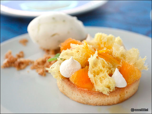 Tarta de c�tricos, esponja de naranja, pastelera de maracuy� y sorbet de lim�n - Pez Quiero